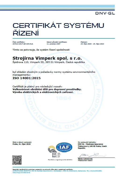 Certifikát systému řízení – Strojírna Vimperk spol. s.r.o.