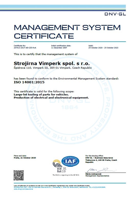Certification – Strojírna Vimperk spol. s.r.o.
